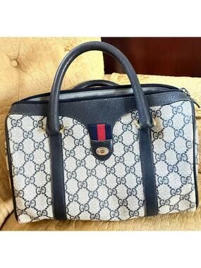Authentic Vtg Gucci Accessory Collection Navy GG Boston Speedy Bag w/ Web Card